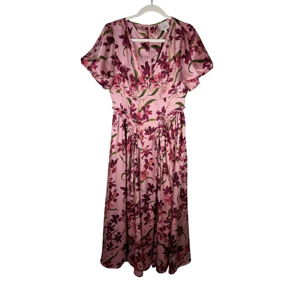 Cinq a Sept Pink Floral Orchid Midi Dress V-Neck Flutter Sleeve Womens Size 8 - Picture 2 of 12